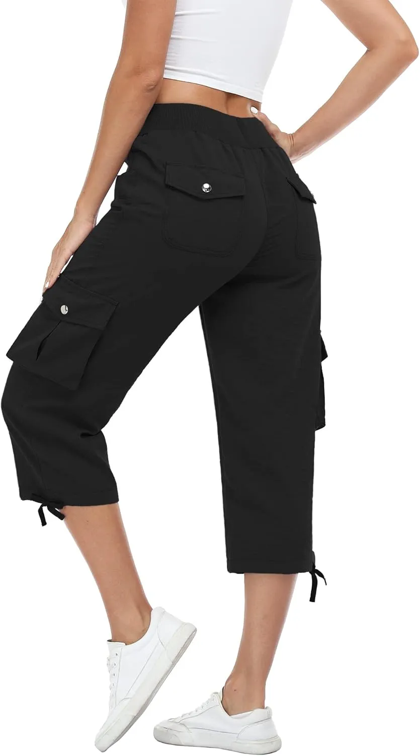 MISS MOLY Women's Cargo Capris Hiking Running Pants Loose Button Decor Lightweight Quick Dry Athletic Outdoor