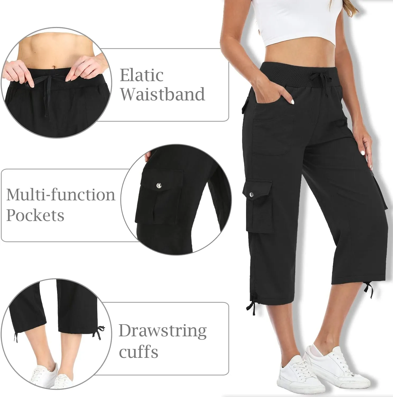 MISS MOLY Women's Cargo Capris Hiking Running Pants Loose Button Decor Lightweight Quick Dry Athletic Outdoor