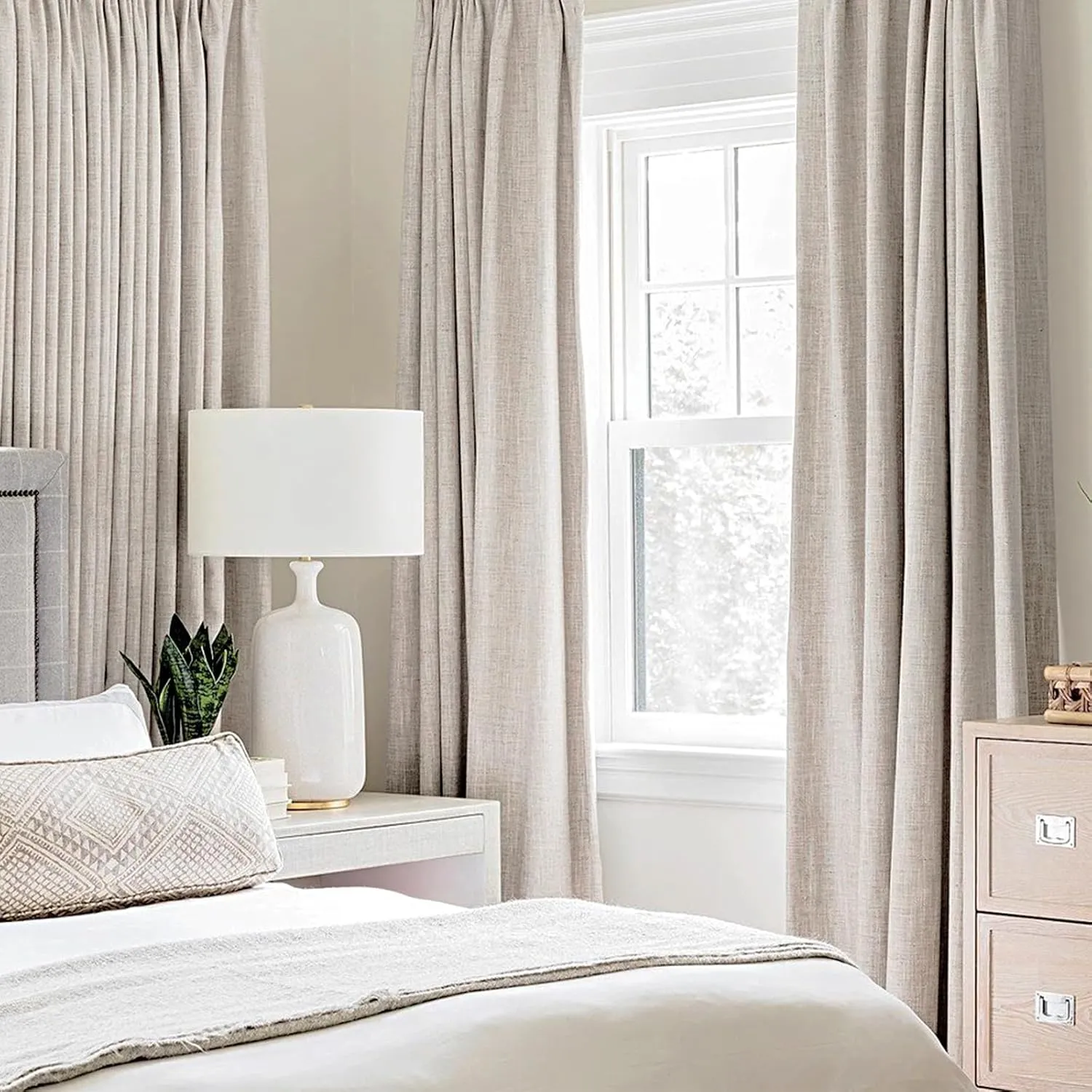 MIULEE 100% Blackout Linen Textured Curtains for Bedroom Solid Thermal Insulated Ivory Grommet Room Darkening Curtains & Drapes Luxury Decor for Living Room Nursery 52 x 96 Inch (2 Panels)