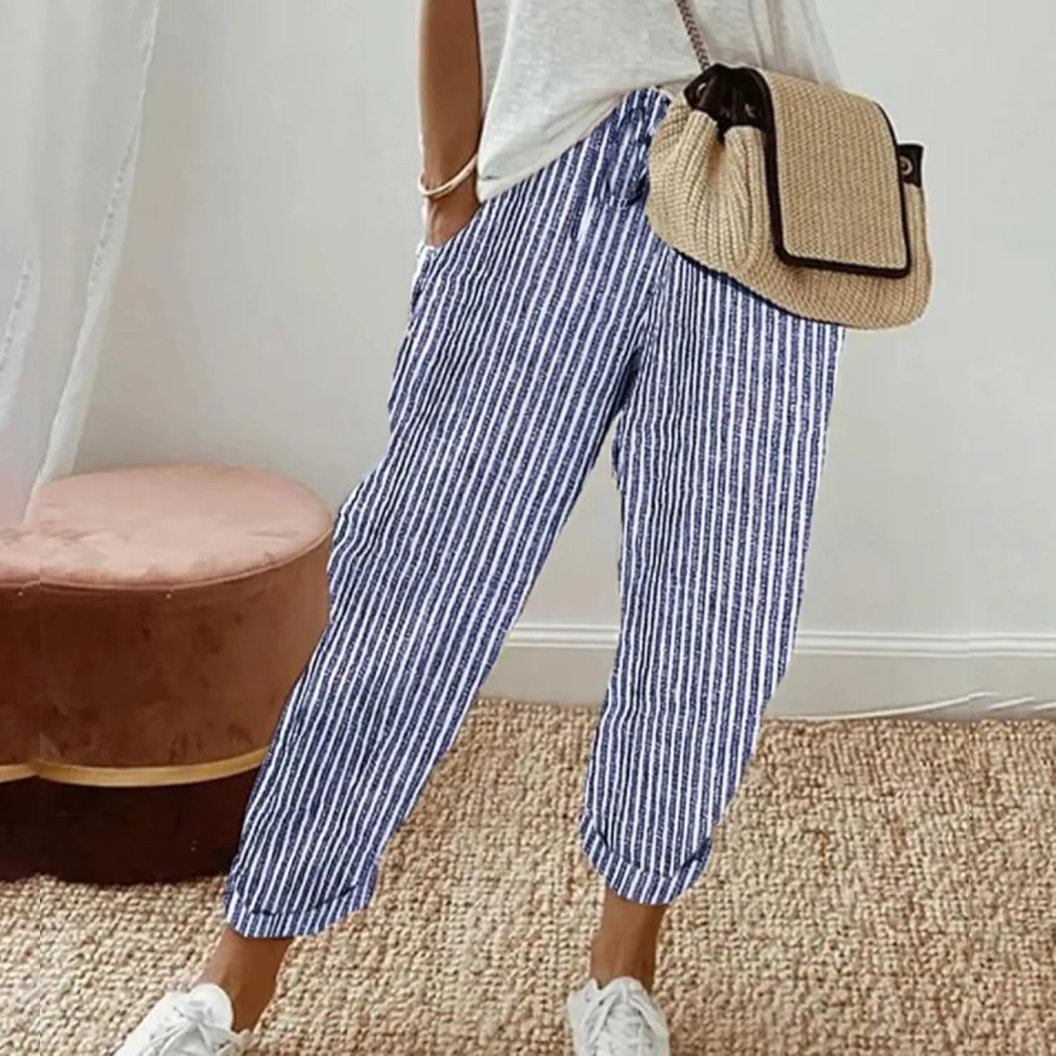 Miyaomn Women's Baggy Drawstring Linen Pants Cotton Elastic Waist Wide Leg Casual Joggers Solid Lounge Trousers with Pockets