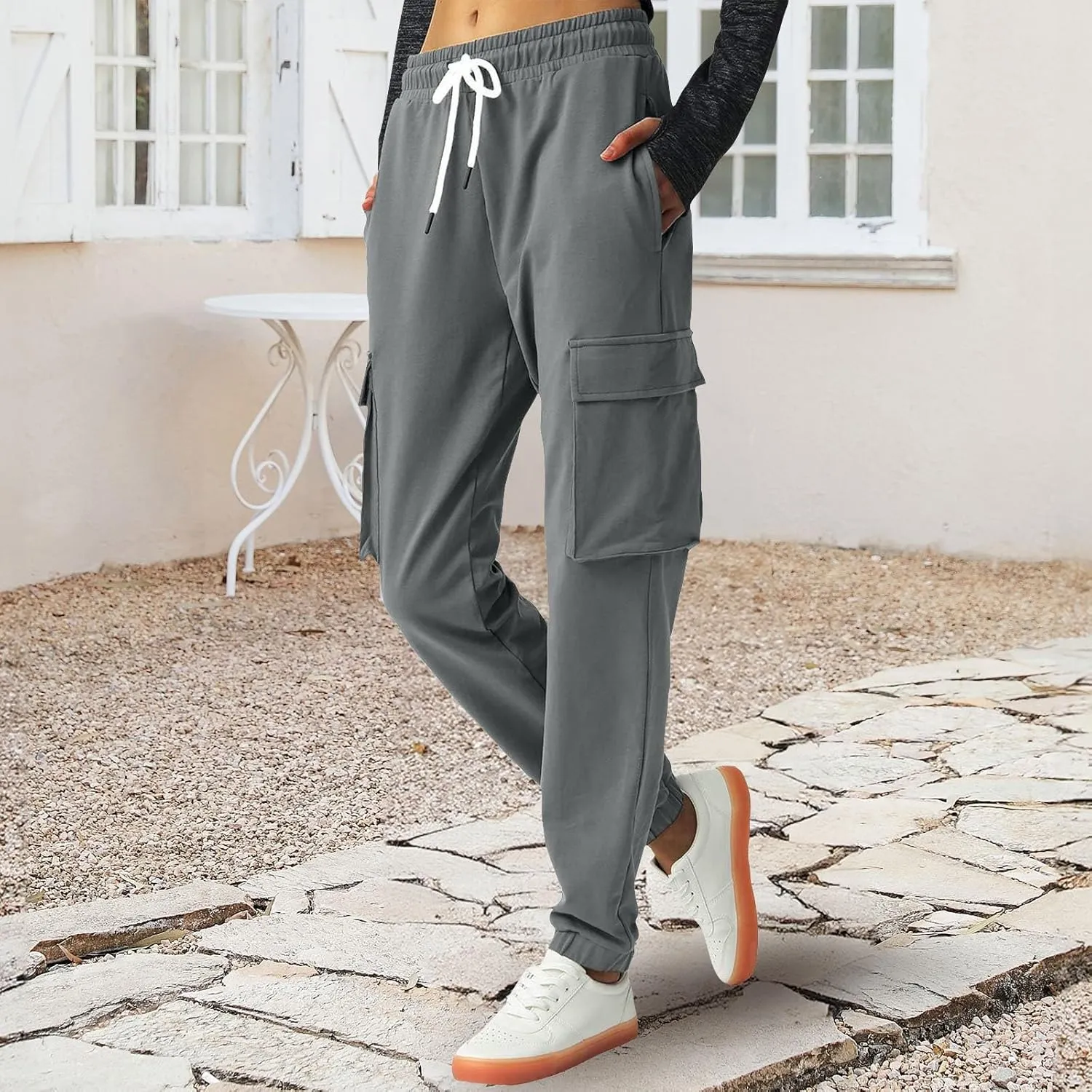 Miyaomn Women's Cargo Sweatpants Tapered Elastic Waist Drawstring Athletic Joggers 4 Pockets Gym Running Activewear Trousers