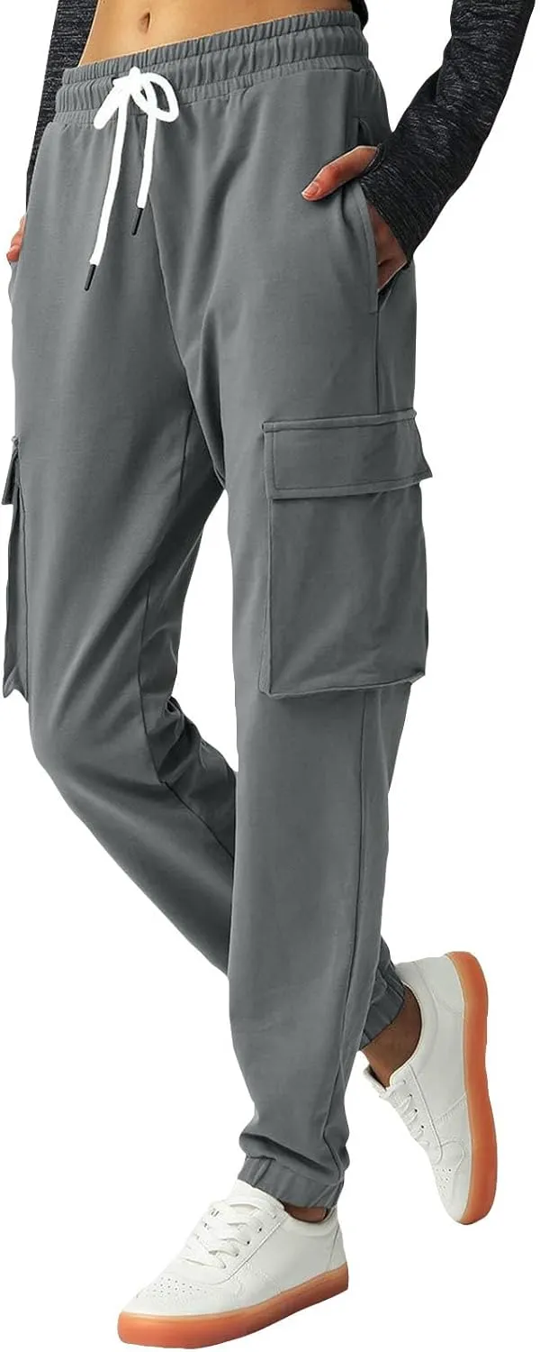 Miyaomn Women's Cargo Sweatpants Tapered Elastic Waist Drawstring Athletic Joggers 4 Pockets Gym Running Activewear Trousers