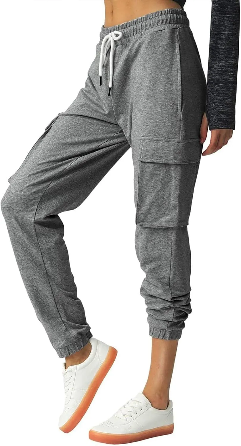 Miyaomn Women's Cargo Sweatpants Tapered Elastic Waist Drawstring Athletic Joggers 4 Pockets Gym Running Activewear Trousers