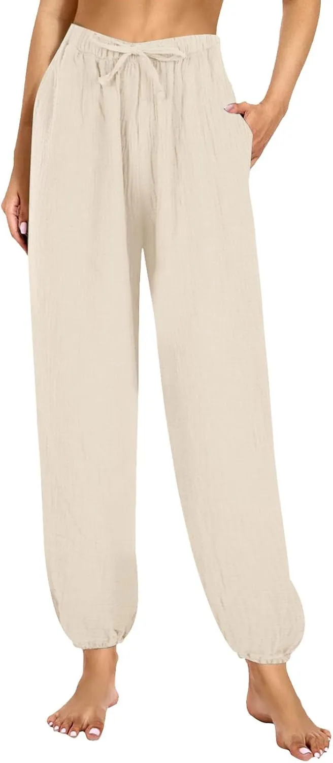 Miyaomn Womens Casual Linen Jogger Pants Lightweight Drawstring Waist Solid Lounge Trousers Cinch Bottom Loose Fit Sweatpants