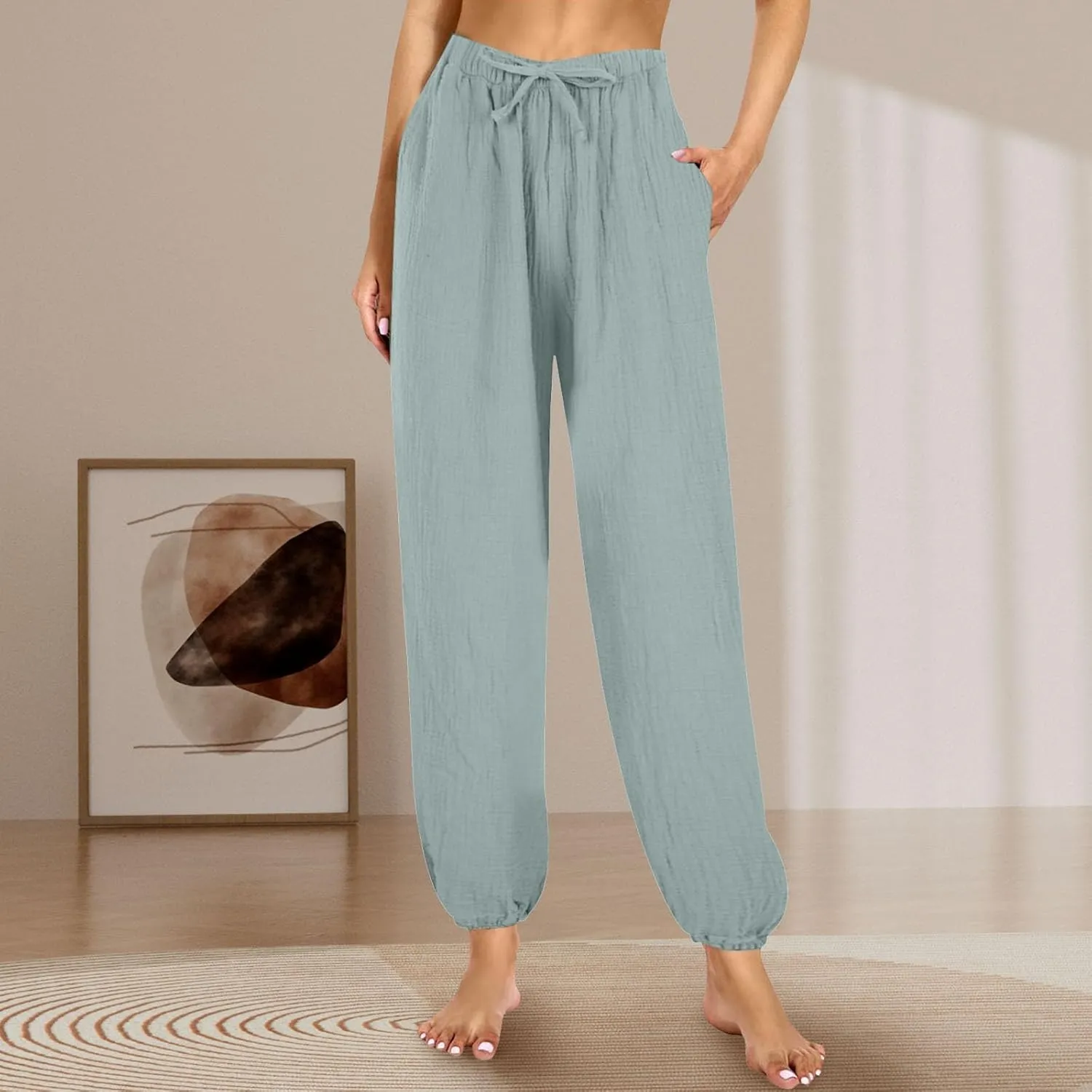Miyaomn Womens Casual Linen Jogger Pants Lightweight Drawstring Waist Solid Lounge Trousers Cinch Bottom Loose Fit Sweatpants
