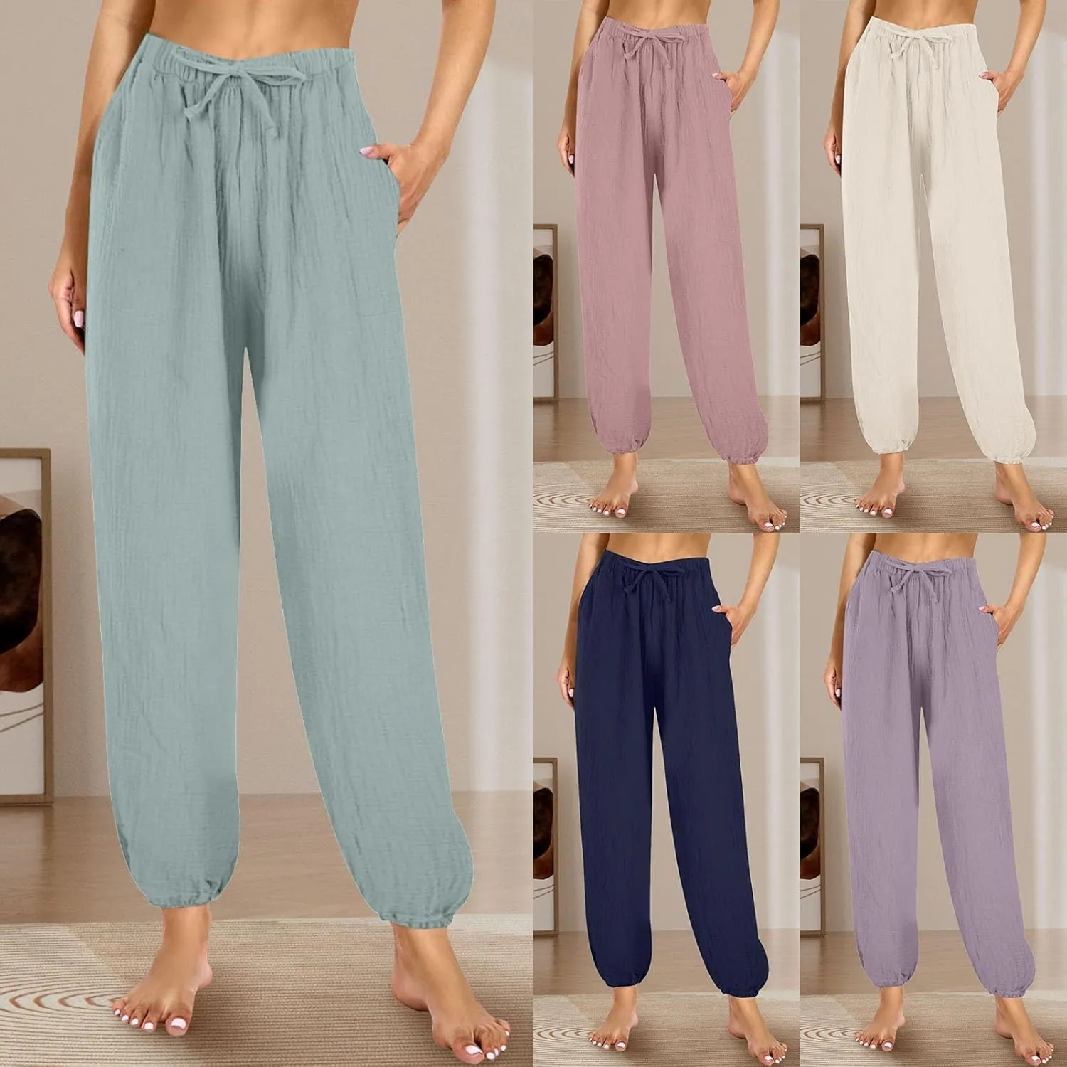 Miyaomn Womens Casual Linen Jogger Pants Lightweight Drawstring Waist Solid Lounge Trousers Cinch Bottom Loose Fit Sweatpants