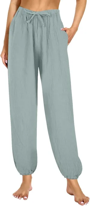 Miyaomn Womens Casual Linen Jogger Pants Lightweight Drawstring Waist Solid Lounge Trousers Cinch Bottom Loose Fit Sweatpants