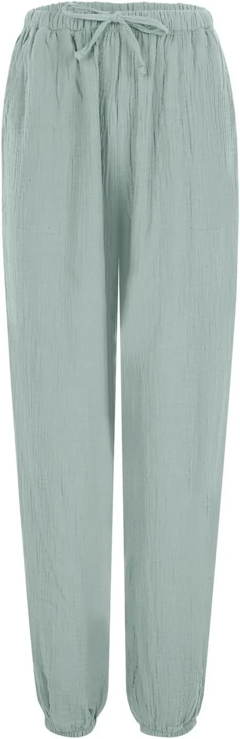 Miyaomn Womens Casual Linen Jogger Pants Lightweight Drawstring Waist Solid Lounge Trousers Cinch Bottom Loose Fit Sweatpants