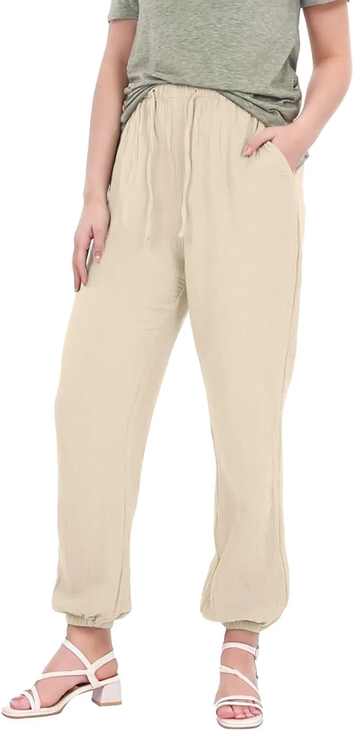 Miyaomn Womens Casual Linen Jogger Pants Lightweight Drawstring Waist Solid Lounge Trousers Cinch Bottom Loose Fit Sweatpants