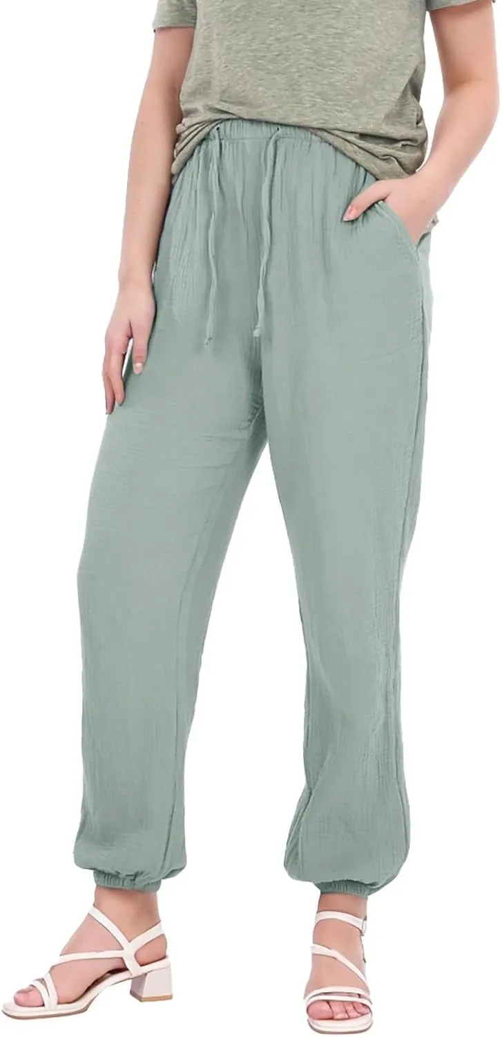 Miyaomn Womens Casual Linen Jogger Pants Lightweight Drawstring Waist Solid Lounge Trousers Cinch Bottom Loose Fit Sweatpants