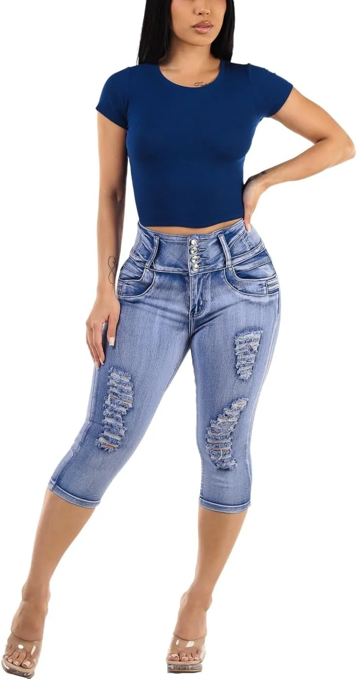 Moda Xpress Butt Lifting Denim Capris for Women - High Waisted Stretch Capris Levanta Cola
