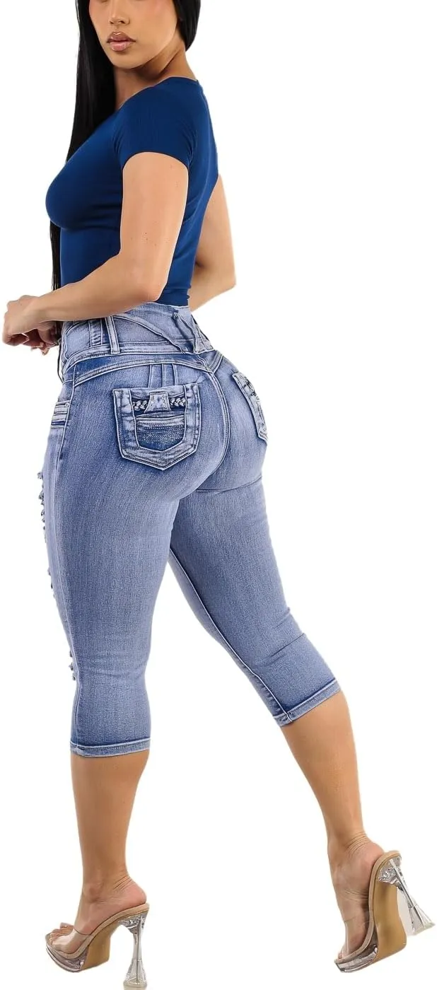 Moda Xpress Butt Lifting Denim Capris for Women - High Waisted Stretch Capris Levanta Cola