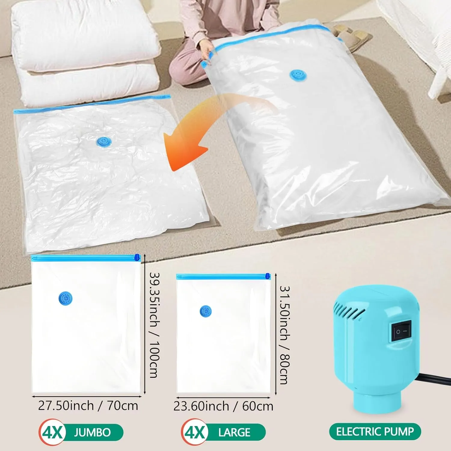 Morecoo Vacuum Seal Bags for Clothing, 8 Pack Vacuum Storage Bags (4 Jumbo/4 Large) with Electric Pump, Packing Cubes Compression Space Saver for Comforters, Blankets - Travel Essentials
