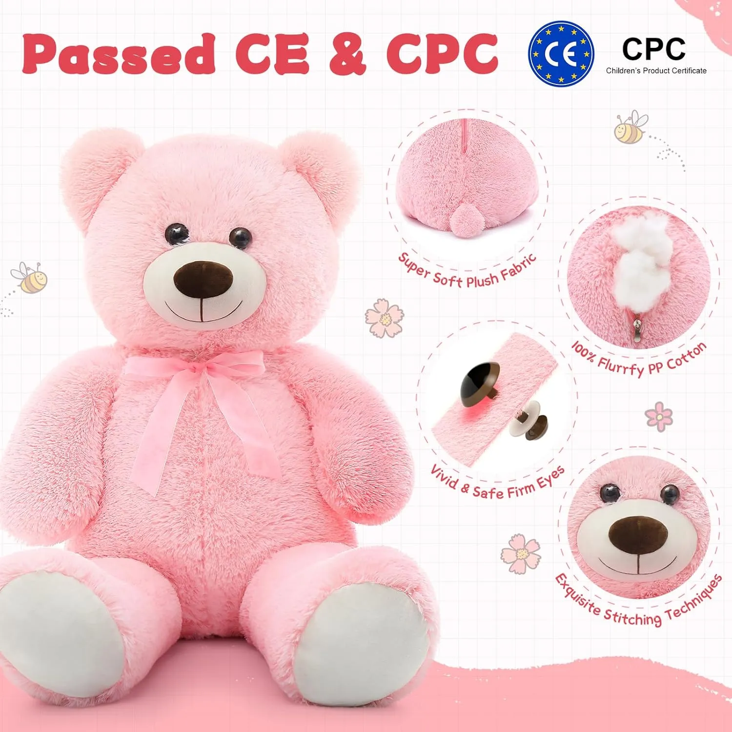 MorisMos Giant Teddy Bear Stuffed Animal 3ft-36 inch Big Pink Teddy Bear for Girlfriend Boyfriend Wife Mom Fiancée Valentine's Gift,Large Stuffed Bear for Baby Shower Birthday Christmas Decor,Pink