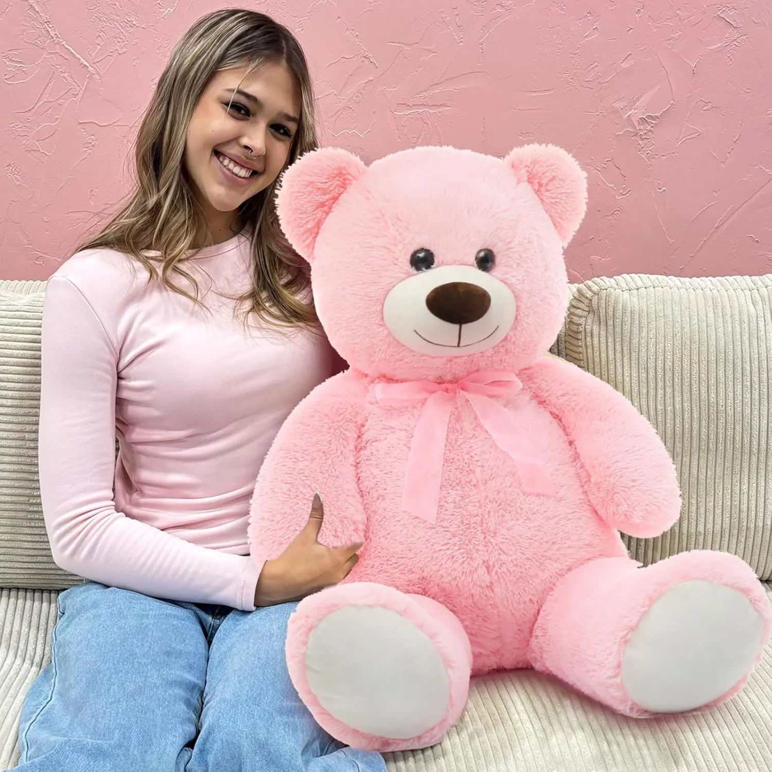 MorisMos Giant Teddy Bear Stuffed Animal 3ft-36 inch Big Pink Teddy Bear for Girlfriend Boyfriend Wife Mom Fiancée Valentine's Gift,Large Stuffed Bear for Baby Shower Birthday Christmas Decor,Pink