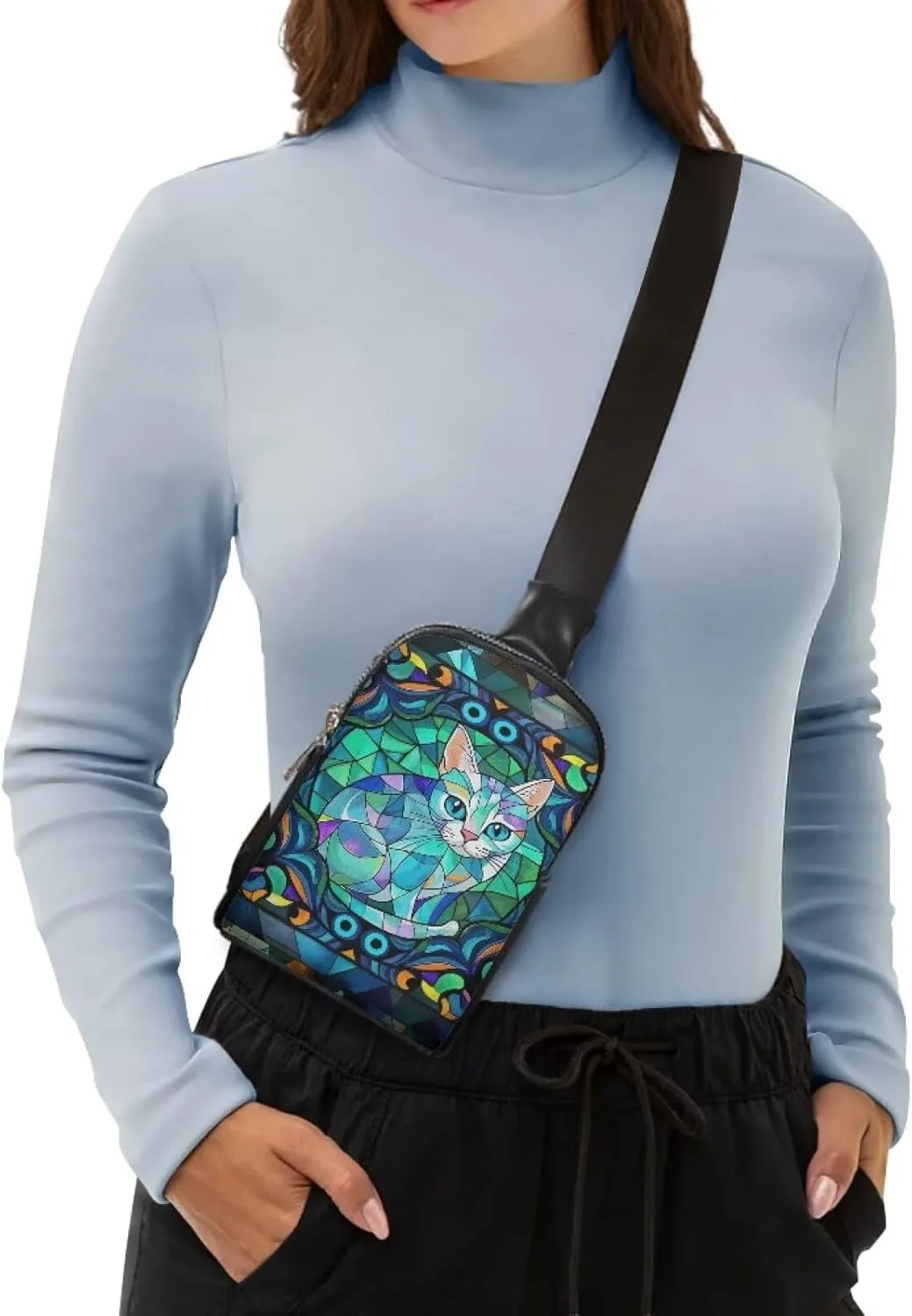 Mosaic Art Cat Crossbody Bags for Women Fanny Pack Chest Bag Lightweight, Colorful Abstract Cats Print Waist Pack for Travel, Everyday Use Packs Zipper