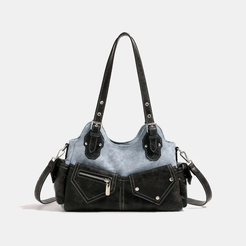 Multi-Pocket Crescent Denim Shoulder Bag