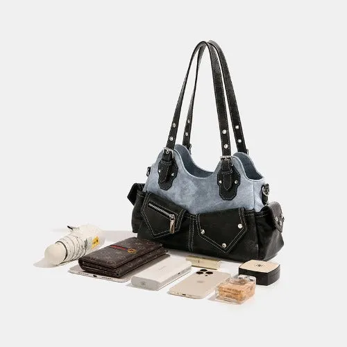 Multi-Pocket Crescent Denim Shoulder Bag