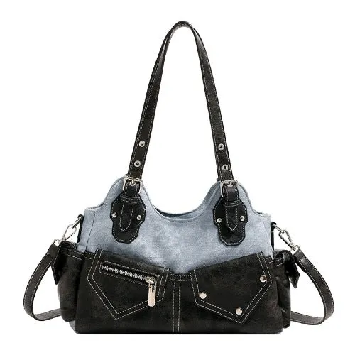 Multi-Pocket Crescent Denim Shoulder Bag