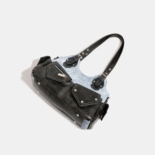 Multi-Pocket Crescent Denim Shoulder Bag