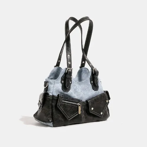 Multi-Pocket Crescent Denim Shoulder Bag