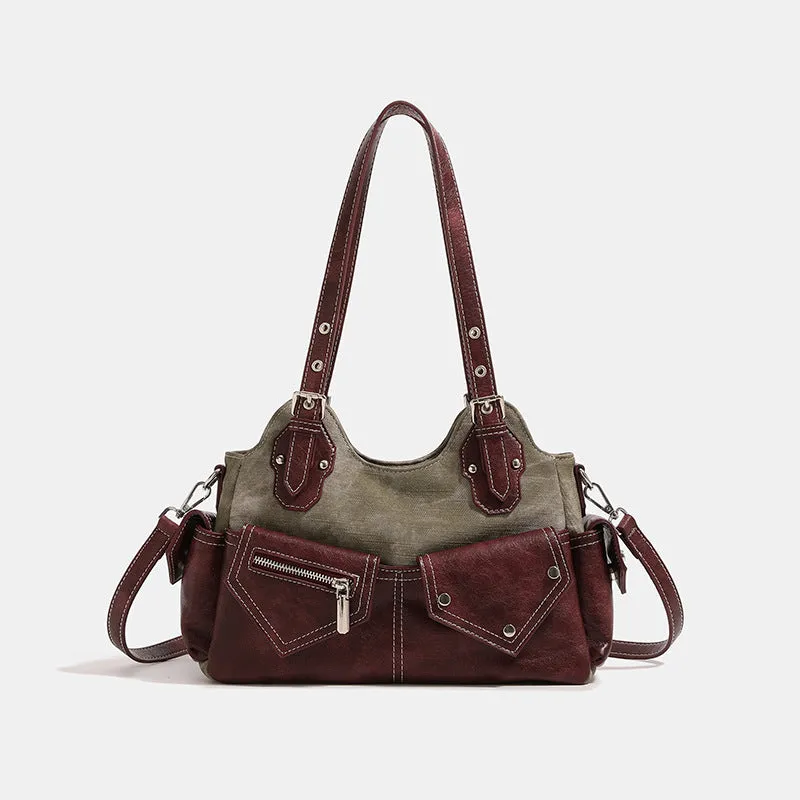 Multi-Pocket Crescent Denim Shoulder Bag