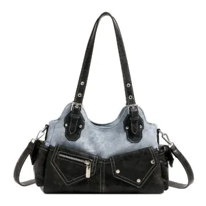 Multi-Pocket Crescent Denim Shoulder Bag