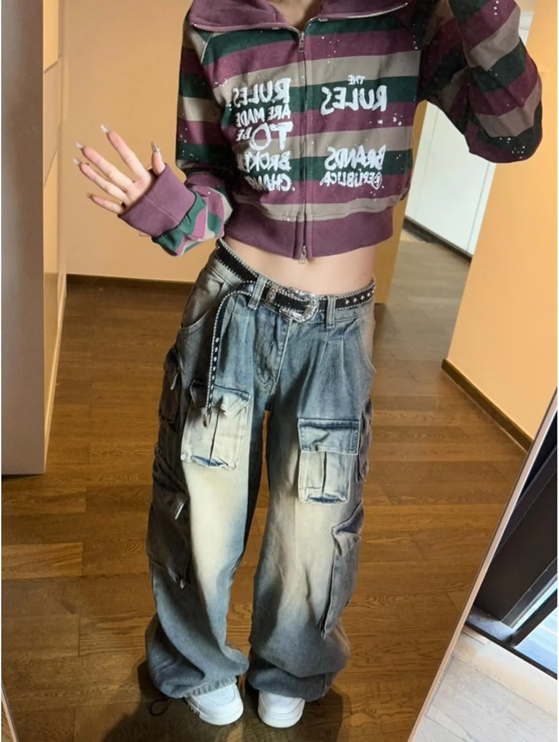 Multi Pocket Retro Work Jeans Women's High Waist Loose Y2K Casual Jeans Gothic Wide Leg Pants