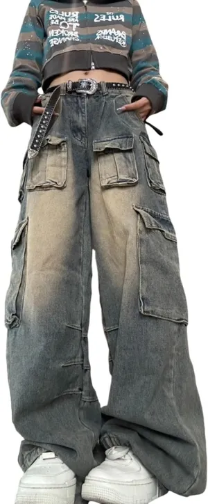 Multi Pocket Retro Work Jeans Women's High Waist Loose Y2K Casual Jeans Gothic Wide Leg Pants