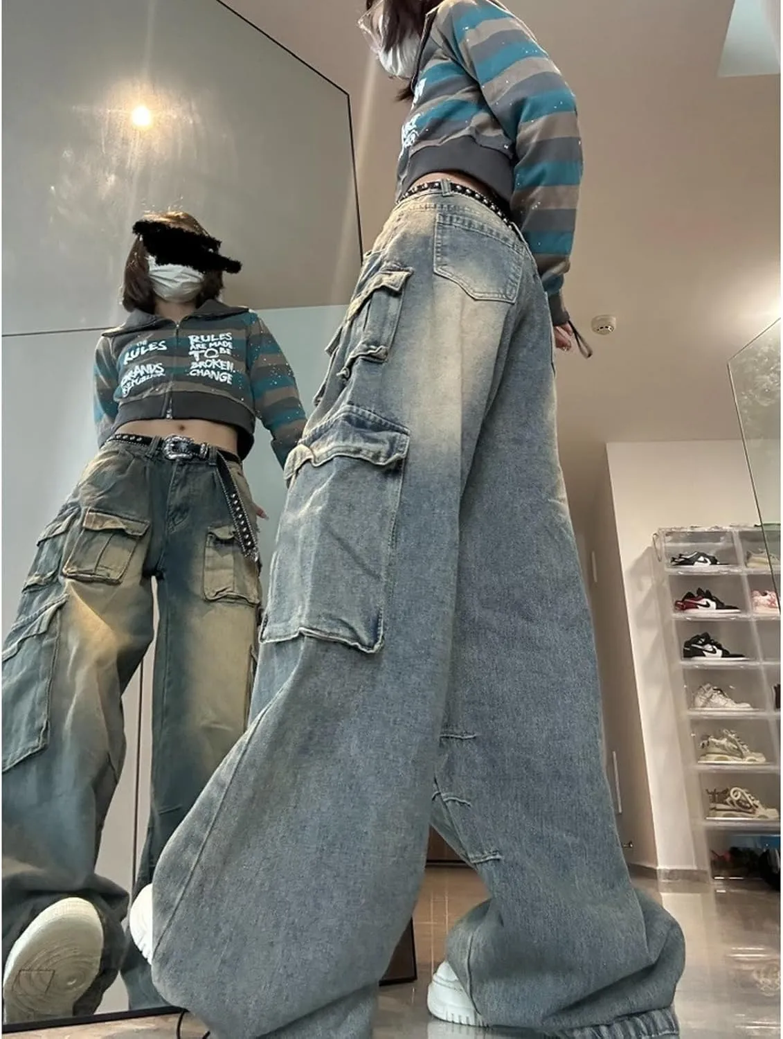 Multi Pocket Retro Work Jeans Women's High Waist Loose Y2K Casual Jeans Gothic Wide Leg Pants