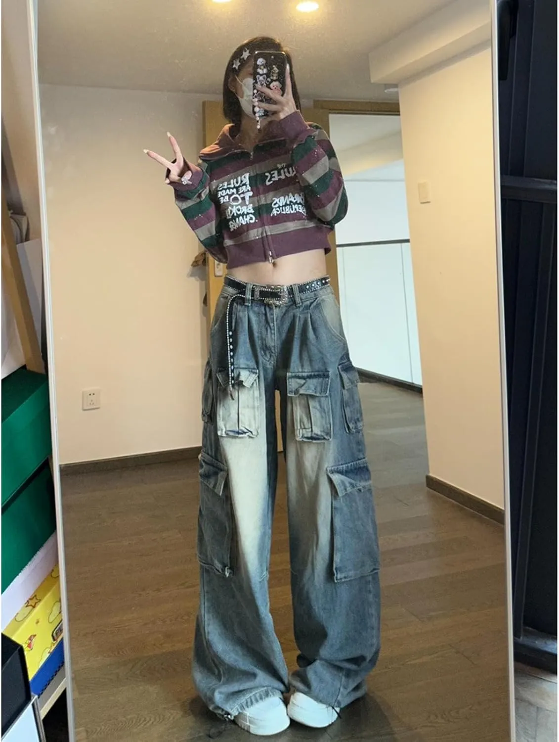 Multi Pocket Retro Work Jeans Women's High Waist Loose Y2K Casual Jeans Gothic Wide Leg Pants