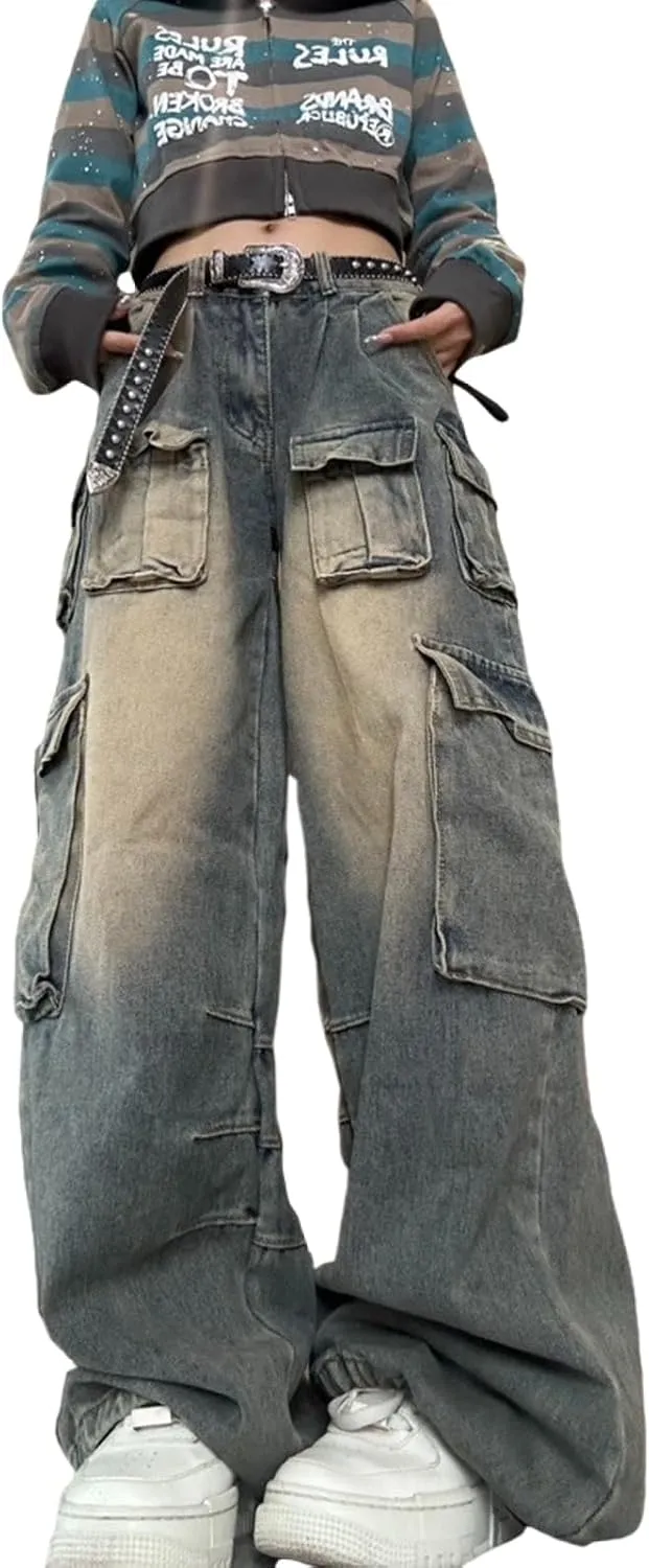 Multi Pocket Retro Work Jeans Women's High Waist Loose Y2K Casual Jeans Gothic Wide Leg Pants