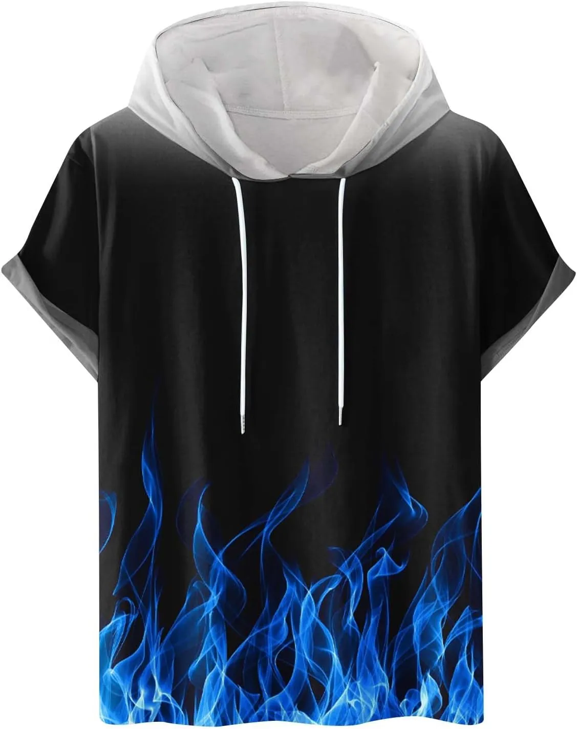 Muscularfit Graphic Tees Men 2024 Fashion Flame Print Drawstring Hooded Shirts Casual Short Sleeve Loose Pullover Workout Top