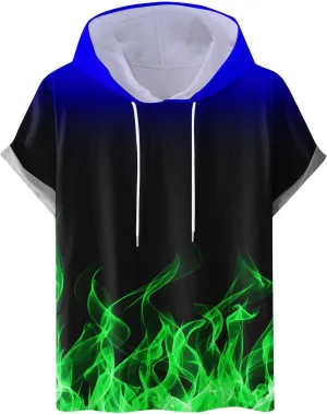Muscularfit Graphic Tees Men 2024 Fashion Flame Print Drawstring Hooded Shirts Casual Short Sleeve Loose Pullover Workout Top