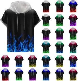 Muscularfit Graphic Tees Men 2024 Fashion Flame Print Drawstring Hooded Shirts Casual Short Sleeve Loose Pullover Workout Top