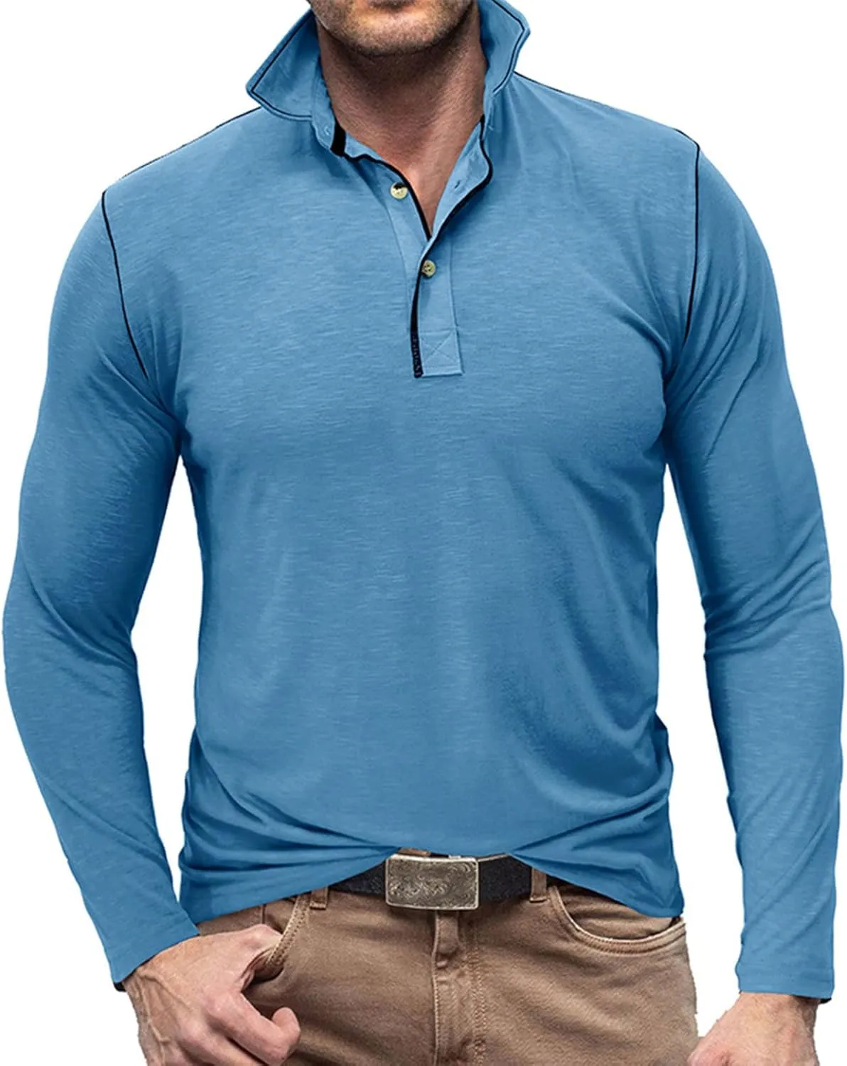 Muscularfit Long Sleeve Shirts for Men 2023 Fashion Solid Button Down Polo Shirts Casual Formal Work Collar Pullover T Shirt
