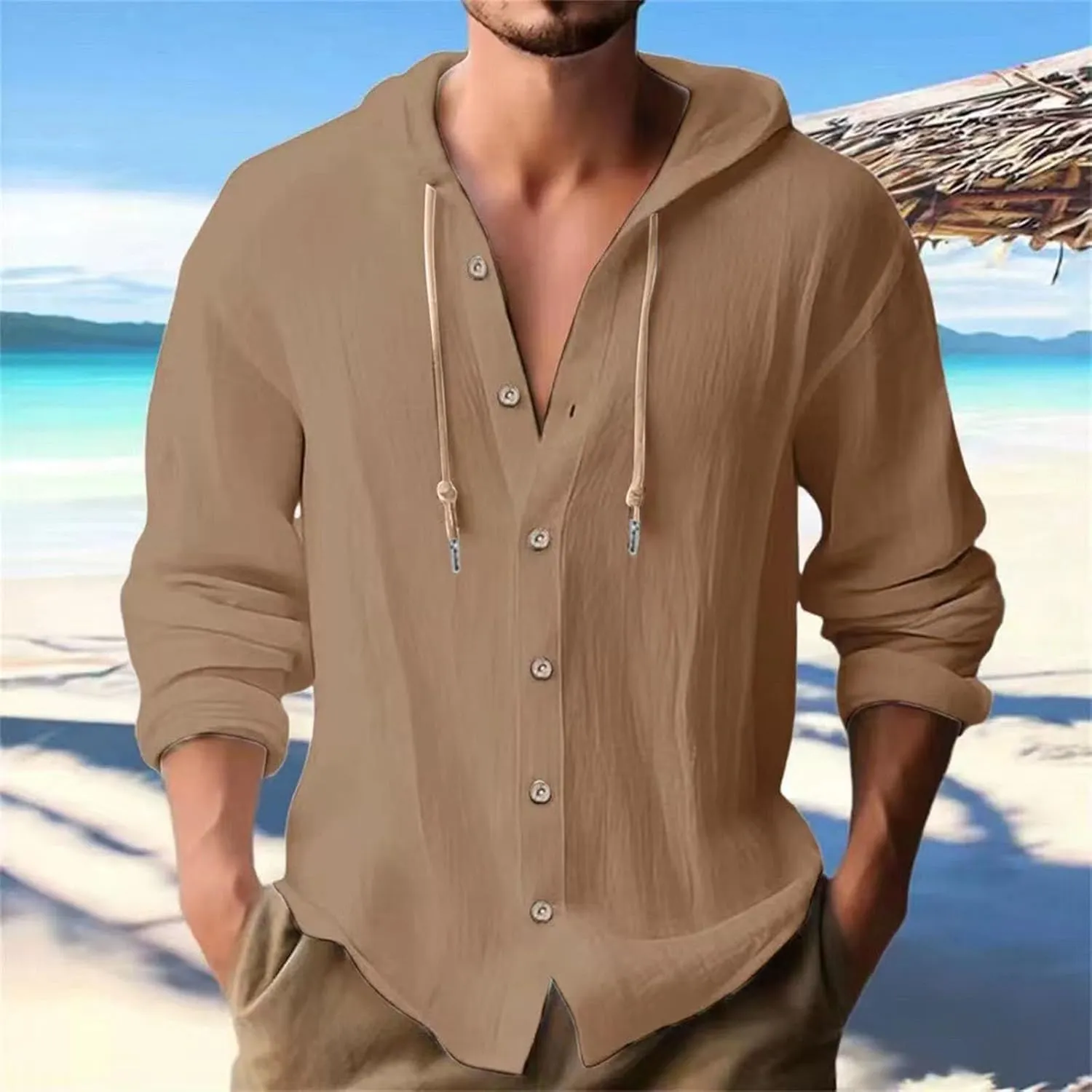 Muscularfit Men's Fashion Hoodies & Sweatshirts Drawstring Casual Long Sleeve Cotton Linen Shirts Fashion Button Down Hoodies