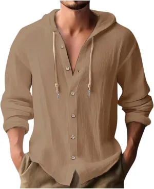 Muscularfit Men's Fashion Hoodies & Sweatshirts Drawstring Casual Long Sleeve Cotton Linen Shirts Fashion Button Down Hoodies
