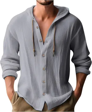 Muscularfit Men's Fashion Hoodies & Sweatshirts Drawstring Casual Long Sleeve Cotton Linen Shirts Fashion Button Down Hoodies