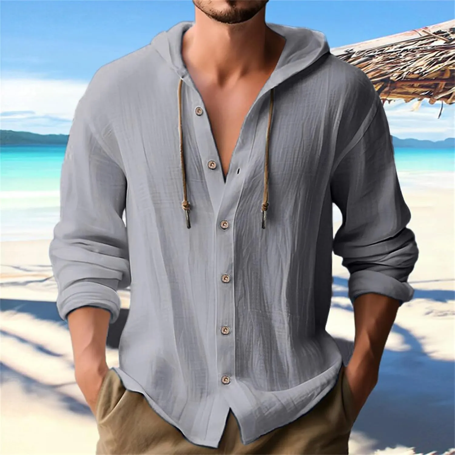 Muscularfit Men's Fashion Hoodies & Sweatshirts Drawstring Casual Long Sleeve Cotton Linen Shirts Fashion Button Down Hoodies