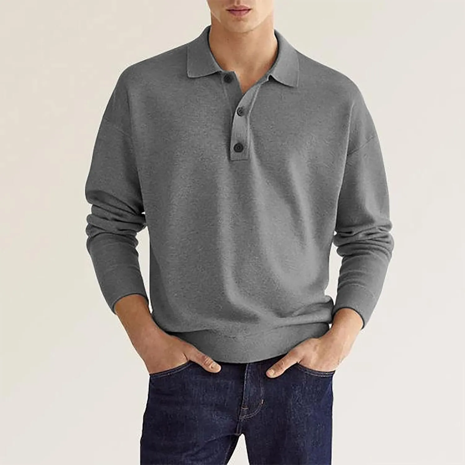 Muscularfit Mens Shirts Casual Long Sleeve Solid Button Down T-Shirts Lightweight Collar Polo Shirt Loose Pullover Henley Tee