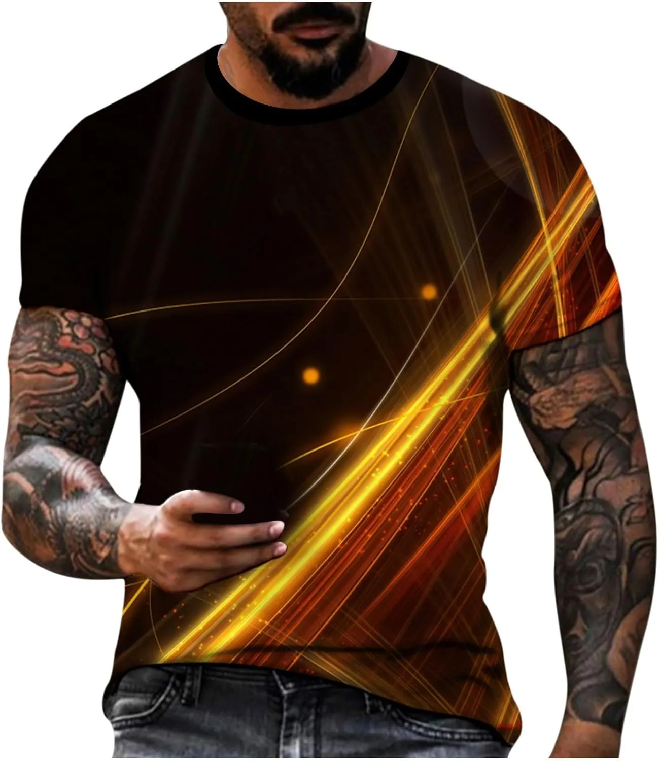 Muscularfit Shirts for Men Graphic Tees 3D Beam Print Casual Short Sleeve Shirts Big and Tall Loose Pullover Trendy Clothes
