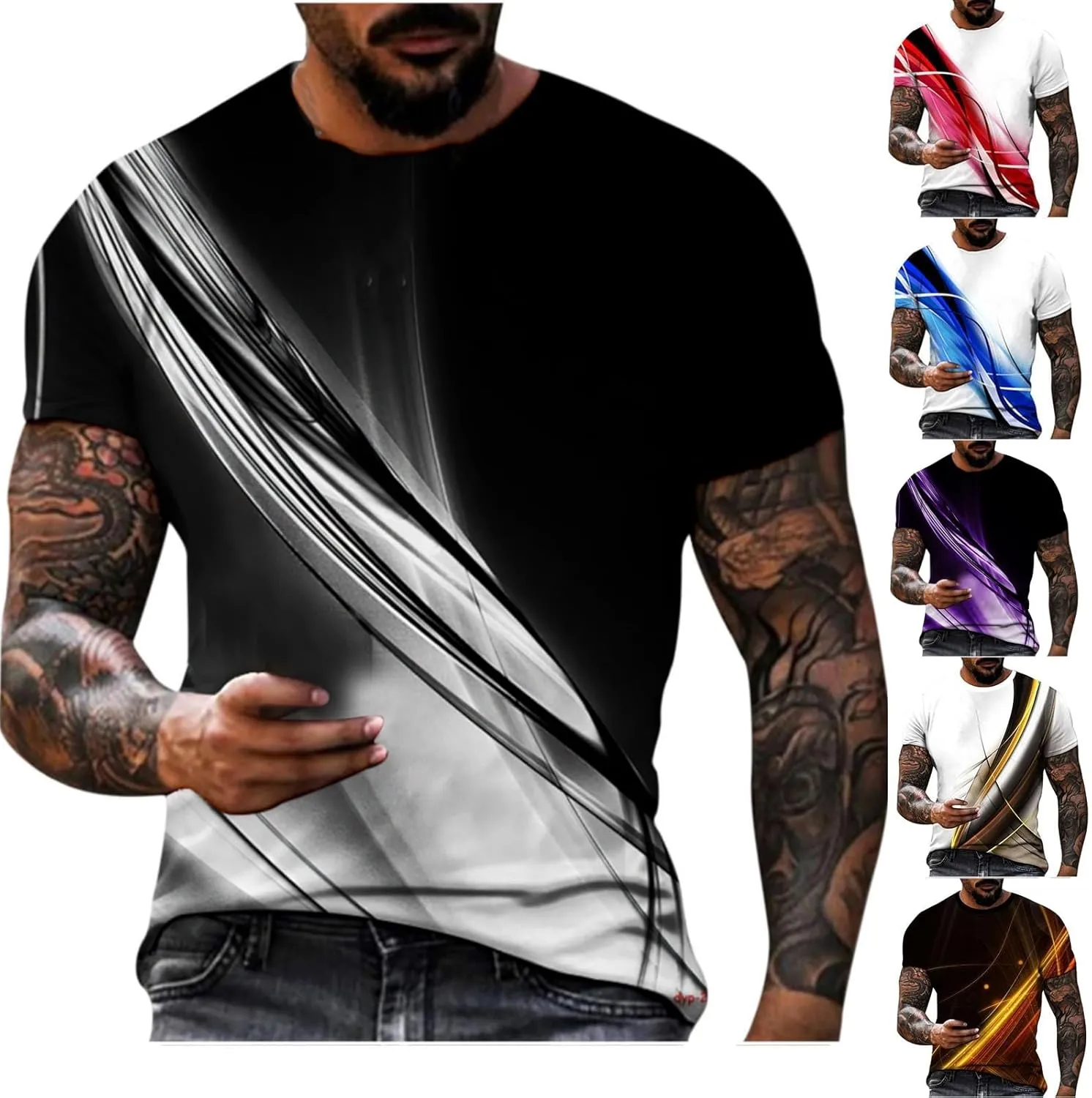 Muscularfit Shirts for Men Graphic Tees 3D Beam Print Casual Short Sleeve Shirts Big and Tall Loose Pullover Trendy Clothes