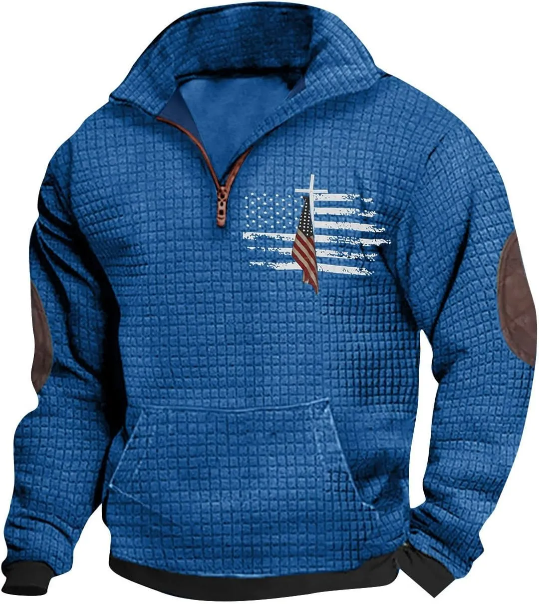 Muscularfit Sweatshirts for Men No Hood Long Sleeve Waffle Stand Collar Pullover Casual Quarter-Zip Lightweight Tee Shirts