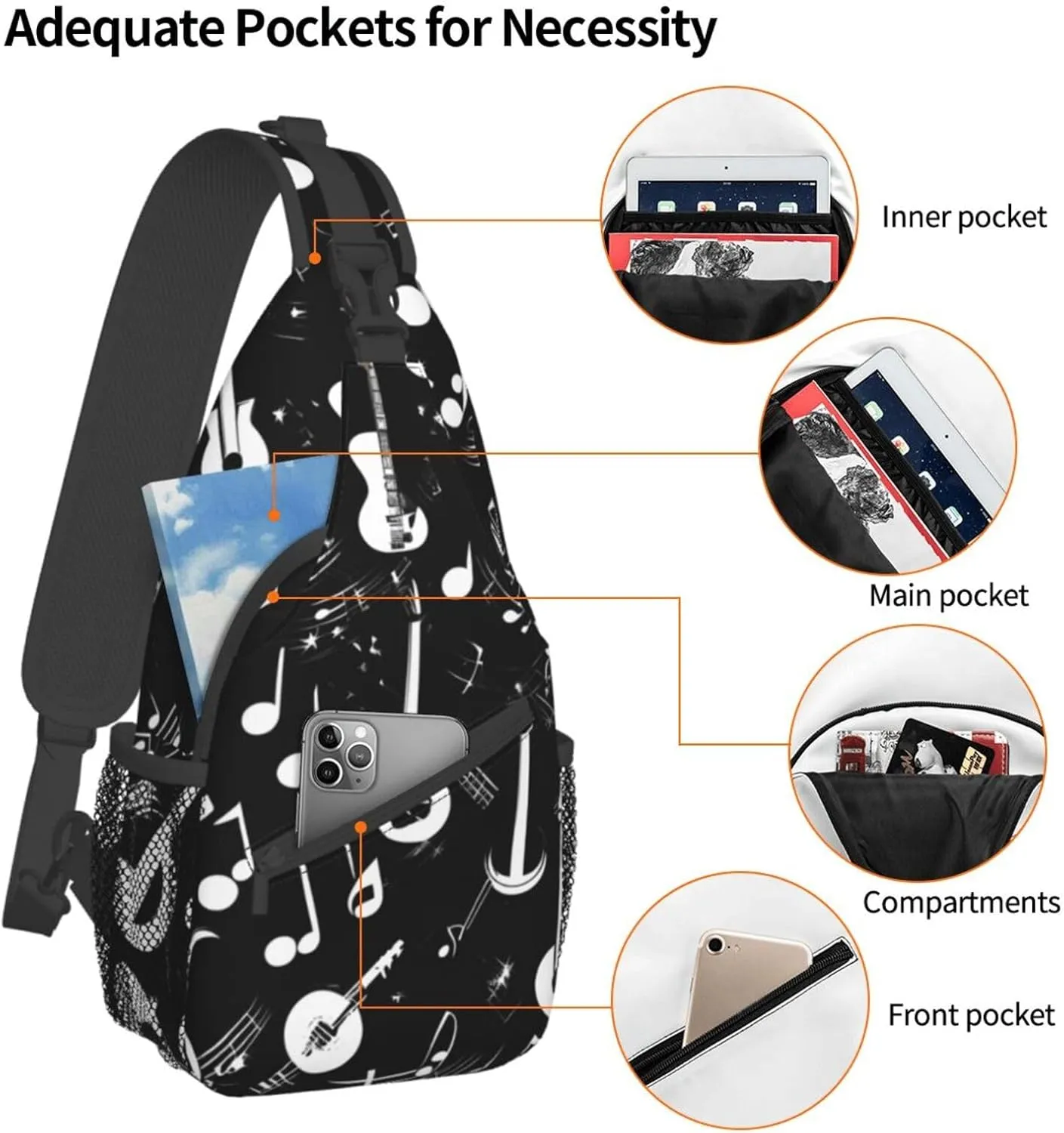 Music Symbols Love High Storage Capacity Chest Bag Diagonally Sling Backpack Crossbody Shoulder Bag For Men Women