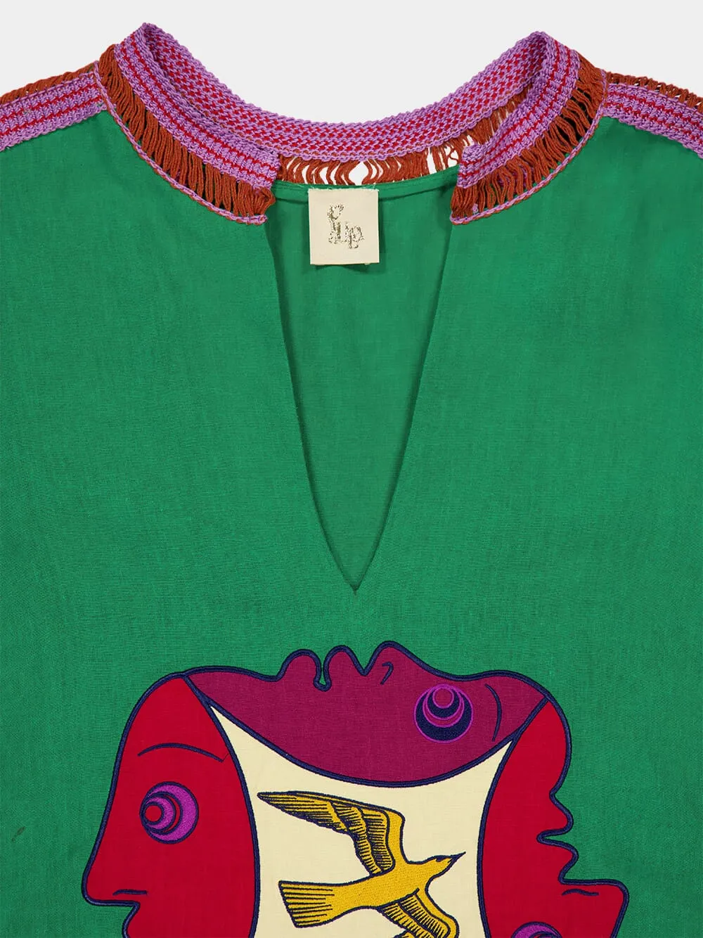 Myosolis Jolly Green Linen Top with Embroidered Patches