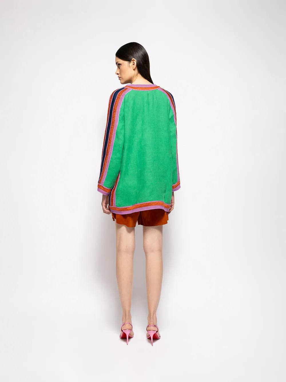 Myosolis Jolly Green Linen Top with Embroidered Patches