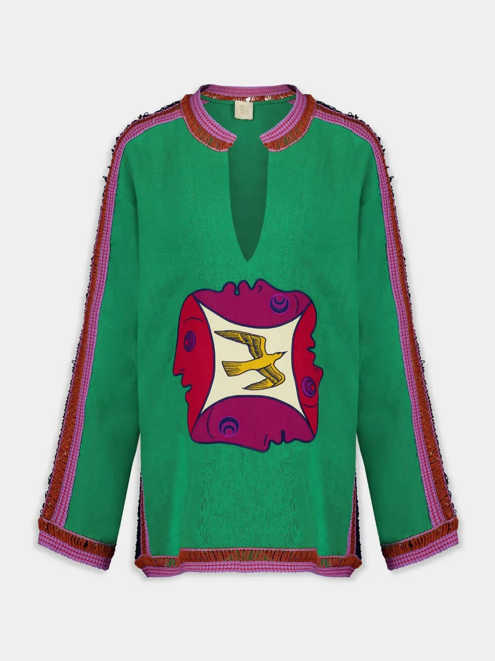 Myosolis Jolly Green Linen Top with Embroidered Patches