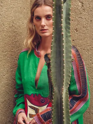 Myosolis Jolly Green Linen Top with Embroidered Patches