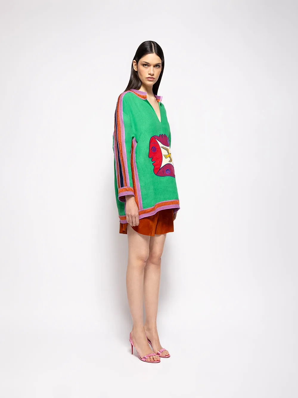 Myosolis Jolly Green Linen Top with Embroidered Patches